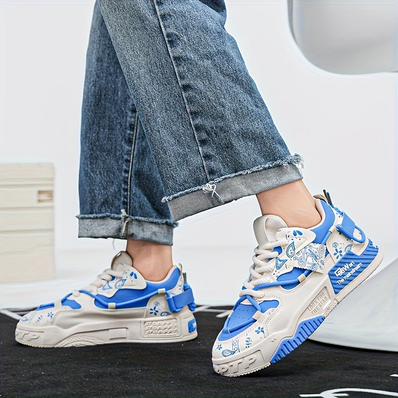 1 Pair Men's Skate Shoes - Soft Cushioned Sole, Breathable Lace-Up Sneakers for Skateboarding, Gym, Casual - All-Season Urban Streetwear Shoes - PU/Fabric Upper & PVC Outsole - Ideal Gift for Men & Couples (Blue/Green/Black),