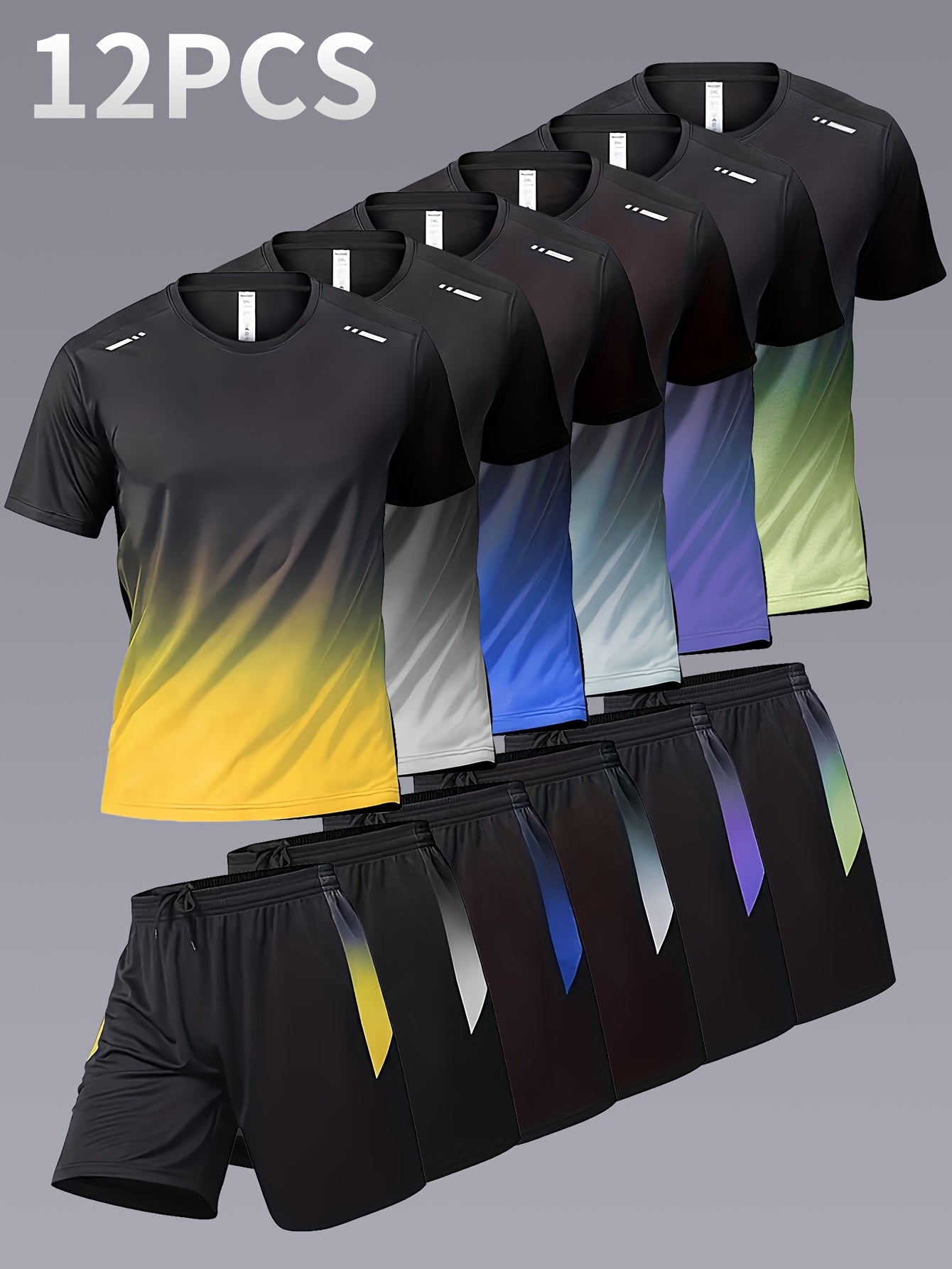 12pcs Men's Gradient Short Sleeved Shorts Set, Gifts, Halloween Gifts, Christmas Gifts, Summer Casual Sports Quick Drying Set, Suitable for Basketball, Running, Fitness And Outdoor Activities, Suitable for Multiple Scenarios