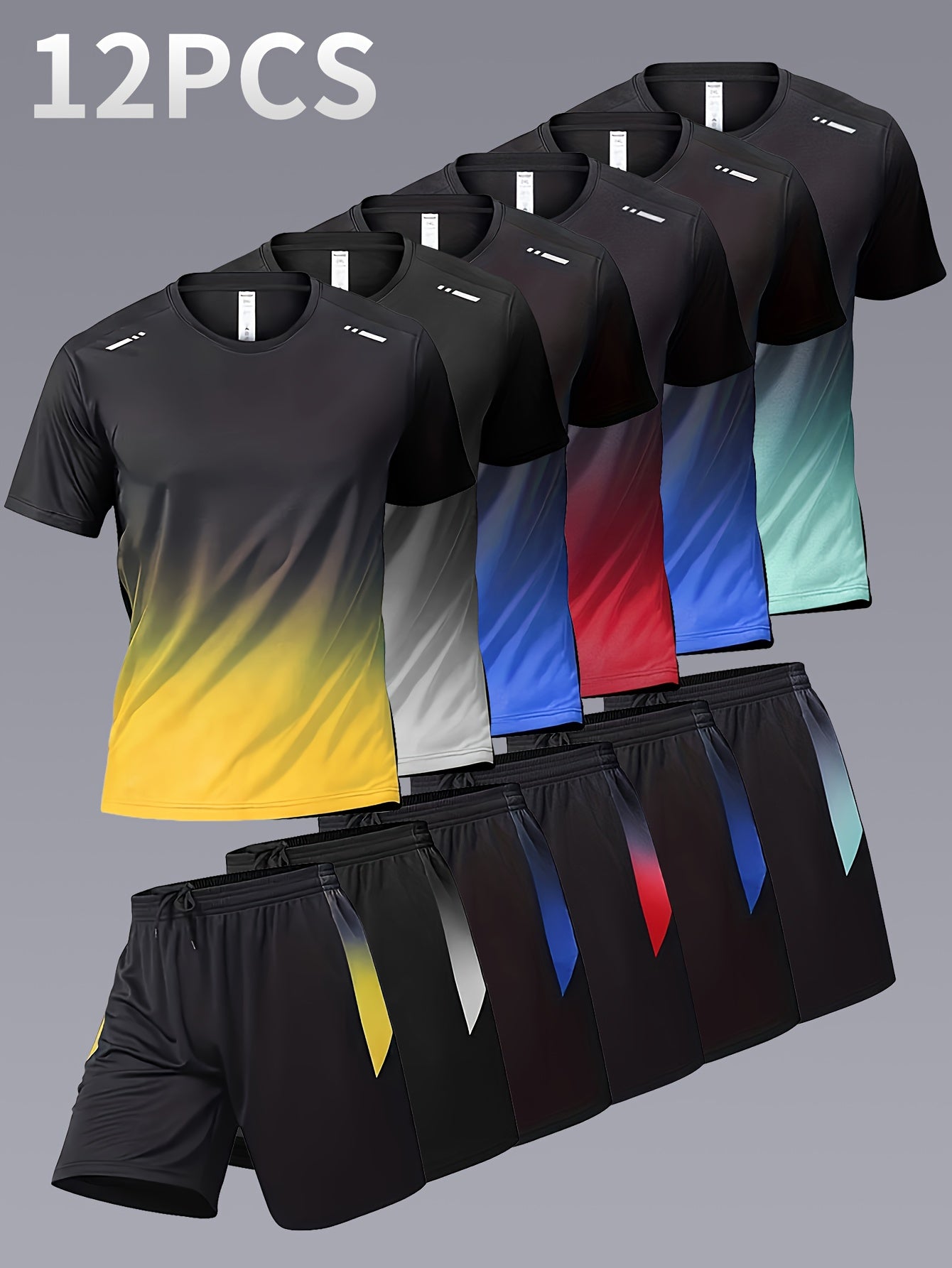 12pcs Men's Gradient Short Sleeved Shorts Set, Gifts, Halloween Gifts, Christmas Gifts, Summer Casual Sports Quick Drying Set, Suitable for Basketball, Running, Fitness And Outdoor Activities, Suitable for Multiple Scenarios