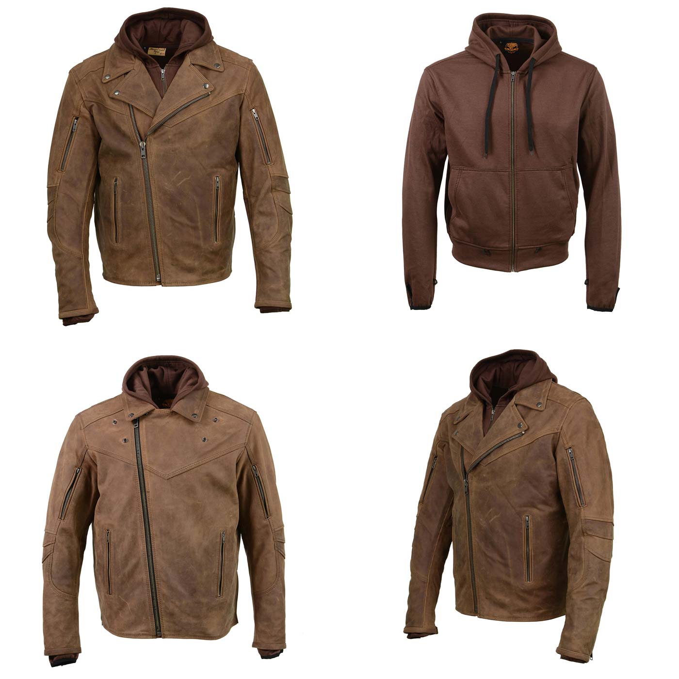 Men's Vintage Crazy Horse Brown Leather Jacket w/ Removable Hoodie