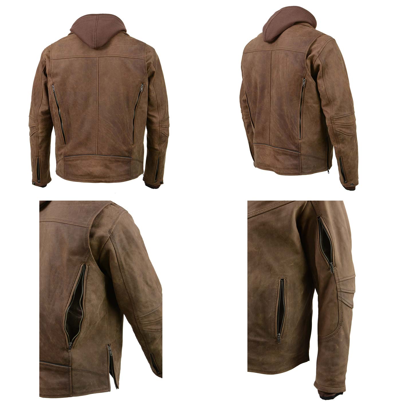 Men's Vintage Crazy Horse Brown Leather Jacket w/ Removable Hoodie