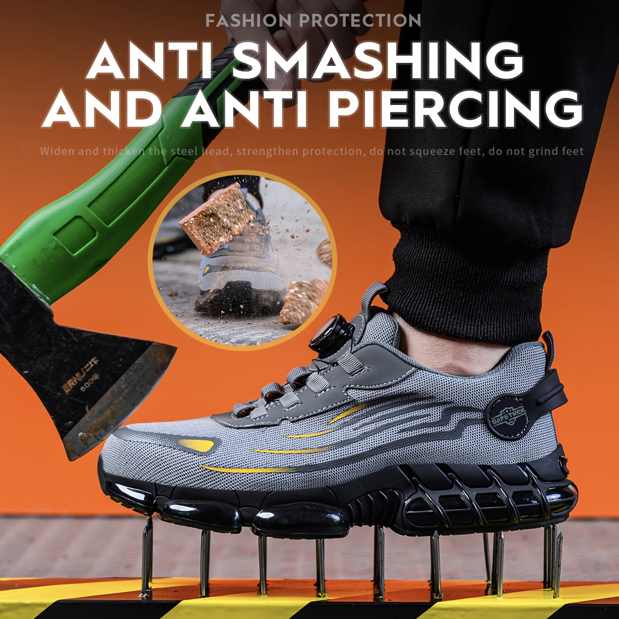 Men Steel Toe Work Shoes - Anti-Puncture, Non-Slip Sole, Rotating Buckle Design, Lightweight PU Breathable Safety Sneakers For Daily Use In Spring & Summer Halloween