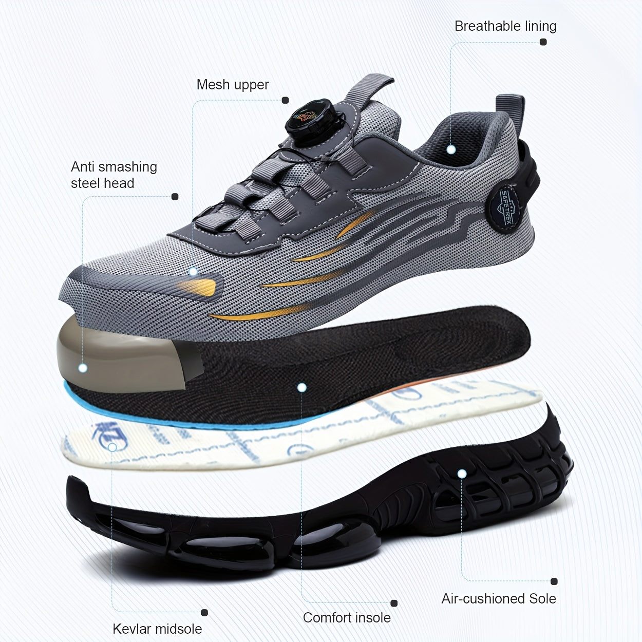 Men Steel Toe Work Shoes - Anti-Puncture, Non-Slip Sole, Rotating Buckle Design, Lightweight PU Breathable Safety Sneakers For Daily Use In Spring & Summer Halloween