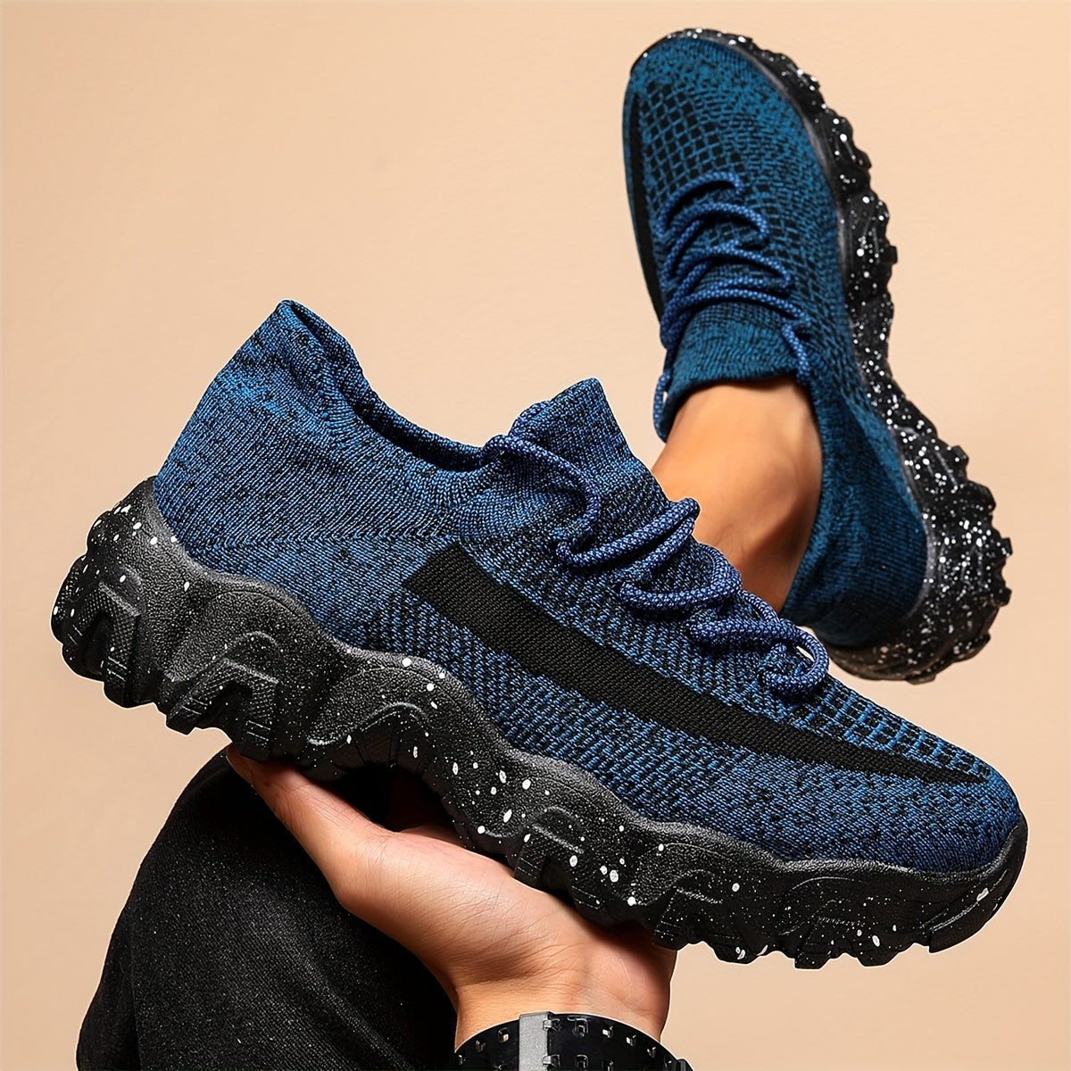 Men's Breathable Casual Sports Shoes - Low-Top Sneakers with Striped Design, Navy Blue Mesh & Speckled Traction Rubber Sole for All-Season Comfort, Gym, Walking, Daily Wear, Gym Footwear, Sleek Shoe Design, Comfortable Fabric