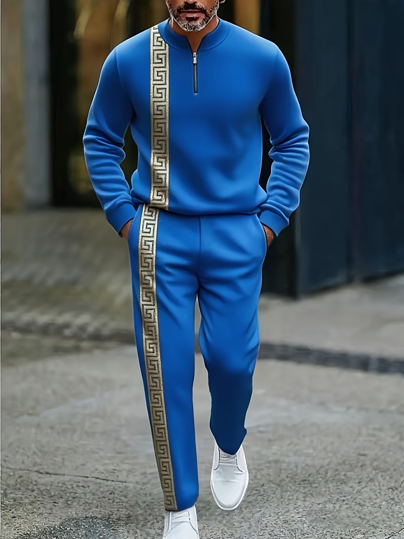 Two Piece Men's Casual Black And Golden Sports Suit | Rugged Contrasting Stripes | Semi Open Neck Top | High-quality Polyester Fabric, Wrinkle Resistant And Easy to Care for | Suitable for Fitness And Outdoor Leisure Styles