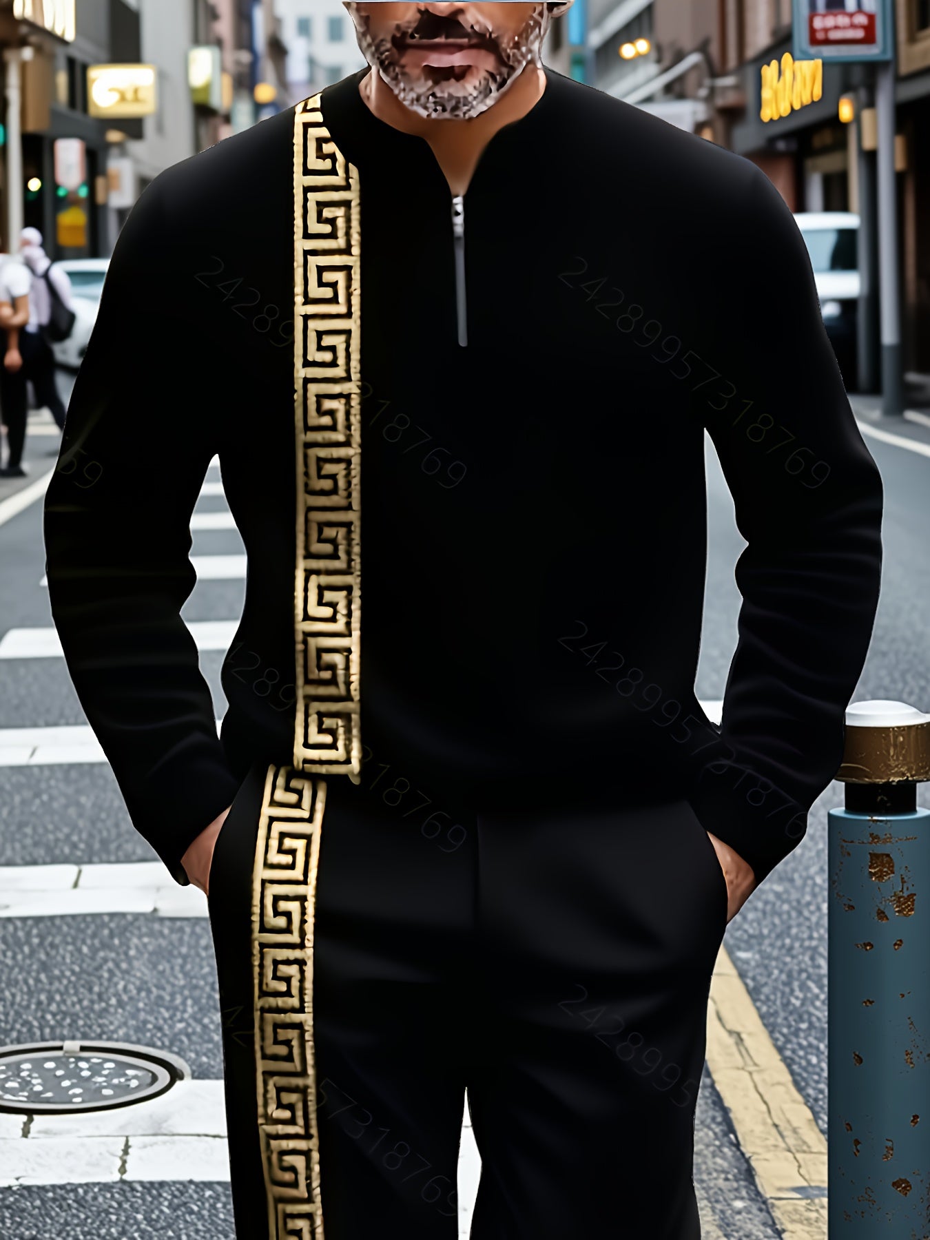 Two Piece Men's Casual Black And Golden Sports Suit | Rugged Contrasting Stripes | Semi Open Neck Top | High-quality Polyester Fabric, Wrinkle Resistant And Easy to Care for | Suitable for Fitness And Outdoor Leisure Styles