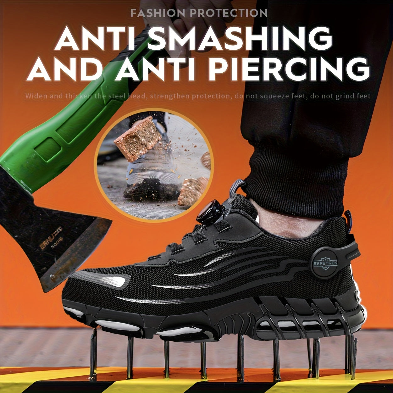 Men Steel Toe Work Shoes - Anti-Puncture, Non-Slip Sole, Rotating Buckle Design, Lightweight PU Breathable Safety Sneakers For Daily Use In Spring & Summer Halloween