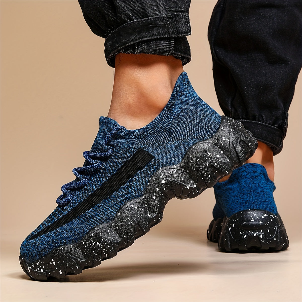 Men's Breathable Casual Sports Shoes - Low-Top Sneakers with Striped Design, Navy Blue Mesh & Speckled Traction Rubber Sole for All-Season Comfort, Gym, Walking, Daily Wear, Gym Footwear, Sleek Shoe Design, Comfortable Fabric