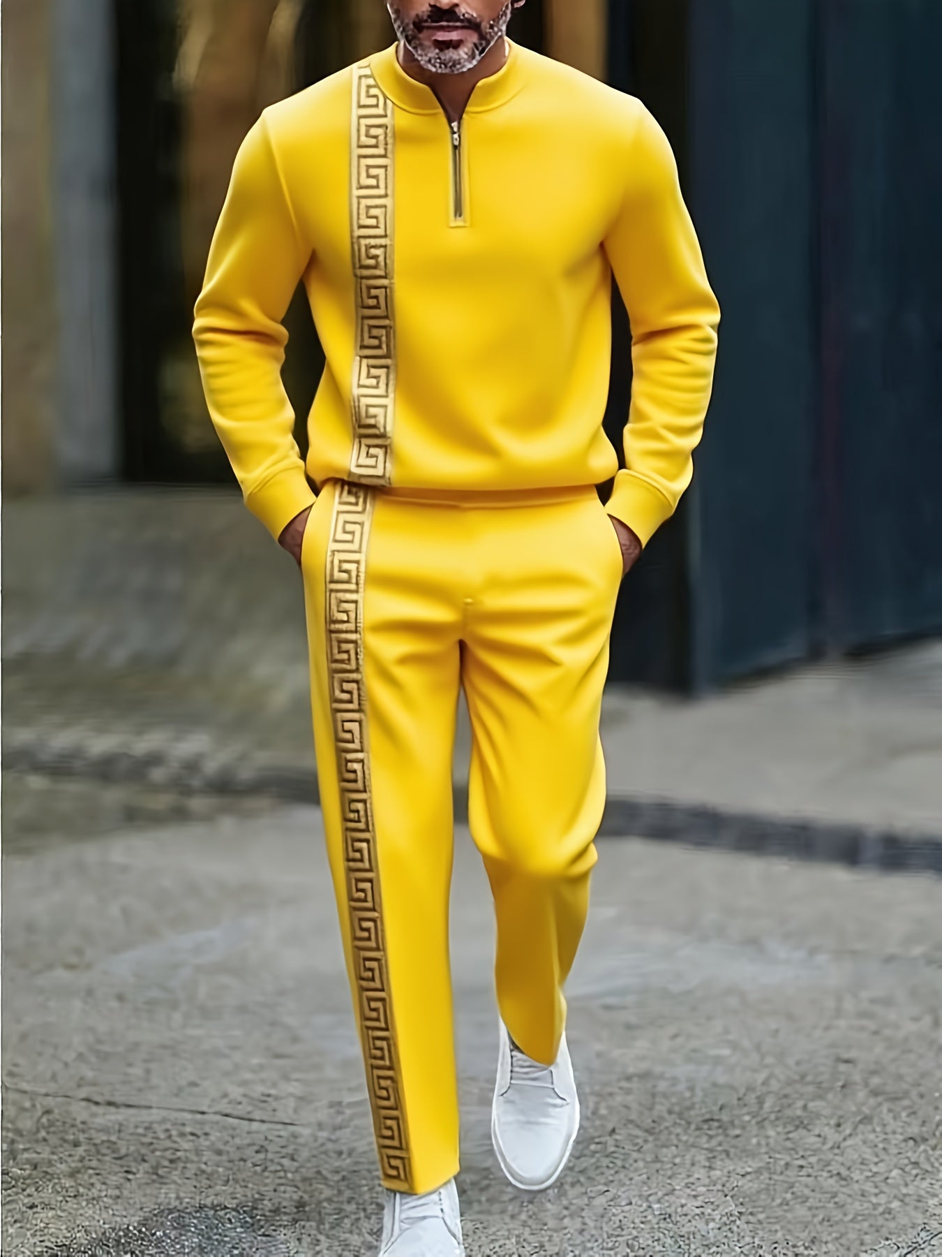 Two Piece Men's Casual Black And Golden Sports Suit | Rugged Contrasting Stripes | Semi Open Neck Top | High-quality Polyester Fabric, Wrinkle Resistant And Easy to Care for | Suitable for Fitness And Outdoor Leisure Styles