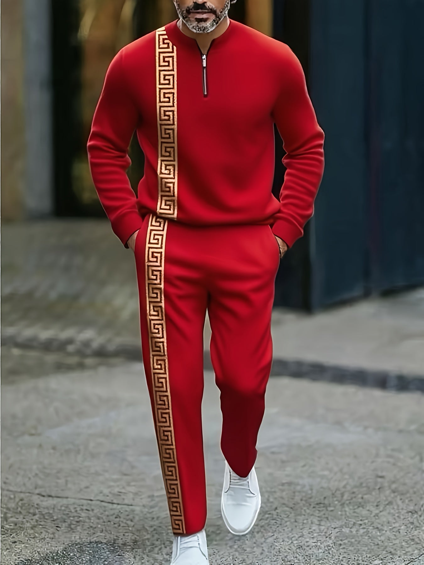 Two Piece Men's Casual Black And Golden Sports Suit | Rugged Contrasting Stripes | Semi Open Neck Top | High-quality Polyester Fabric, Wrinkle Resistant And Easy to Care for | Suitable for Fitness And Outdoor Leisure Styles