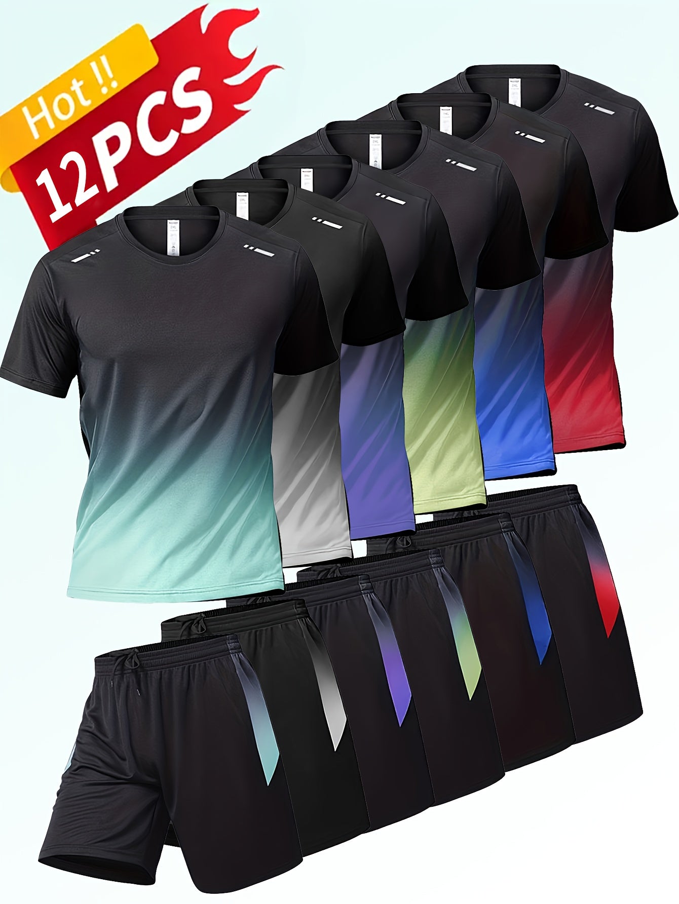 12pcs Men's Gradient Short Sleeved Shorts Set, Gifts, Halloween Gifts, Christmas Gifts, Summer Casual Sports Quick Drying Set, Suitable for Basketball, Running, Fitness And Outdoor Activities, Suitable for Multiple Scenarios
