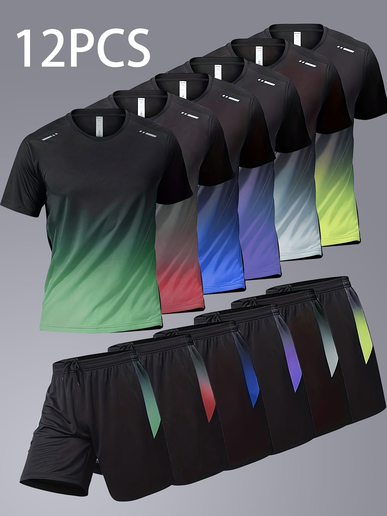 12pcs Men's Gradient Short Sleeved Shorts Set, Gifts, Halloween Gifts, Christmas Gifts, Summer Casual Sports Quick Drying Set, Suitable for Basketball, Running, Fitness And Outdoor Activities, Suitable for Multiple Scenarios