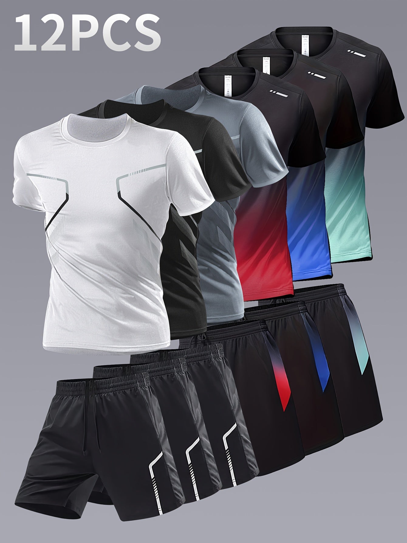 12pcs Men's Gradient Short Sleeved Shorts Set, Gifts, Halloween Gifts, Christmas Gifts, Summer Casual Sports Quick Drying Set, Suitable for Basketball, Running, Fitness And Outdoor Activities, Suitable for Multiple Scenarios