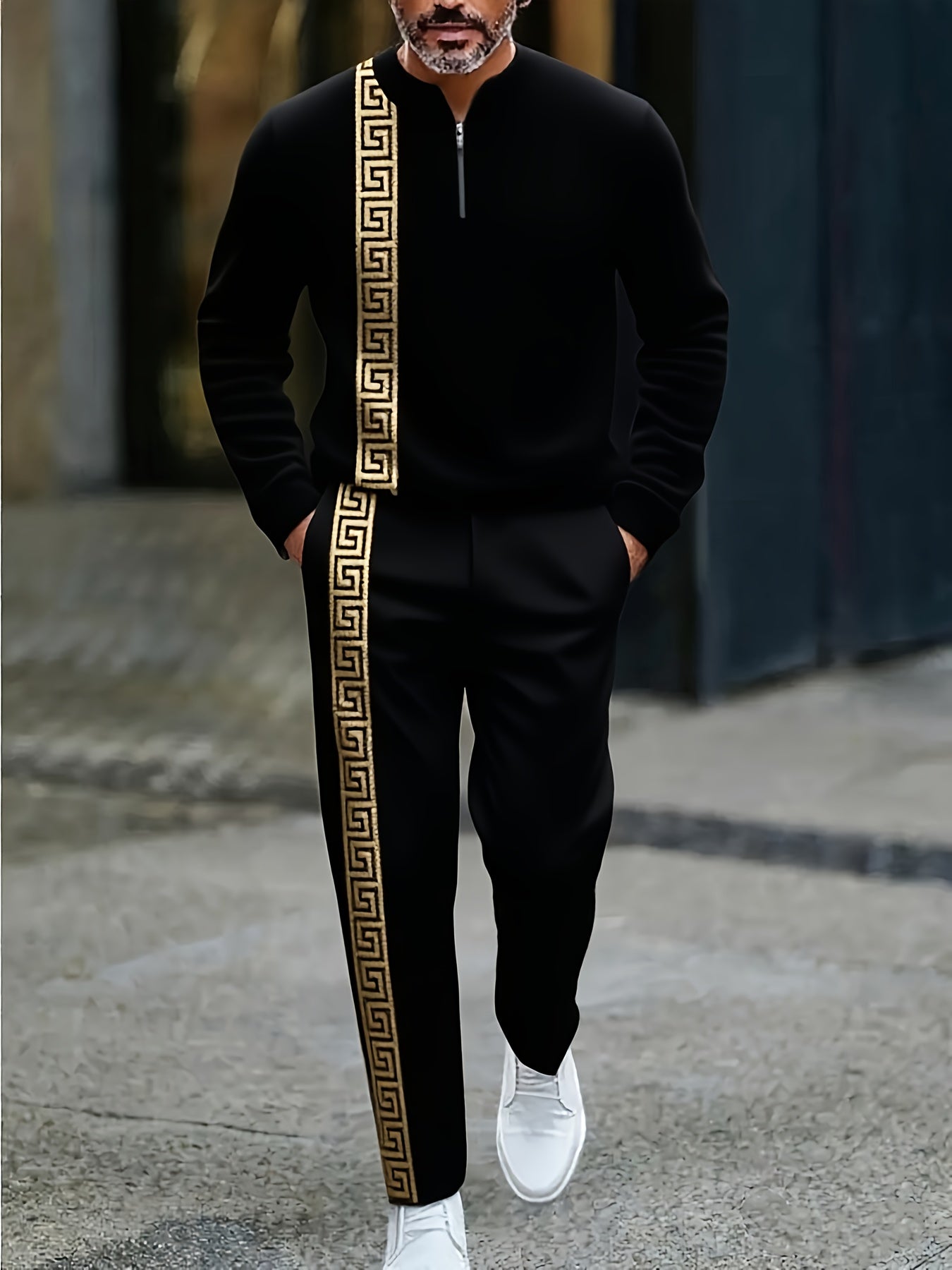 Two Piece Men's Casual Black And Golden Sports Suit | Rugged Contrasting Stripes | Semi Open Neck Top | High-quality Polyester Fabric, Wrinkle Resistant And Easy to Care for | Suitable for Fitness And Outdoor Leisure Styles