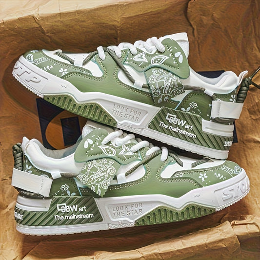 1 Pair Men's Skate Shoes - Soft Cushioned Sole, Breathable Lace-Up Sneakers for Skateboarding, Gym, Casual - All-Season Urban Streetwear Shoes - PU/Fabric Upper & PVC Outsole - Ideal Gift for Men & Couples (Blue/Green/Black),