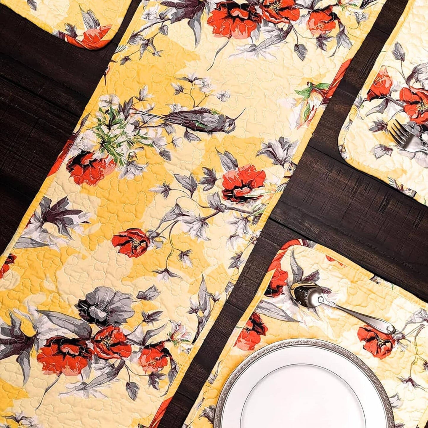 DaDa Bedding Radiant Sunshine Yellow Floral Dining Table Placemats - Set of 4-Pieces Quilted Hummingbirds Farmhouse Red Flowers - 13 x 19