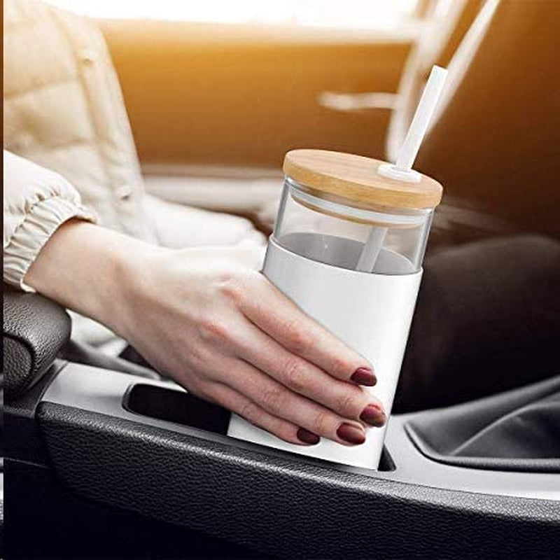 16 Oz Glass Tumbler with Straw and Bamboo Lid, Iced Coffee Cup Reusable, Smoothie Cups, Tumbler with Silicone Protective Sleeve - BPA Free