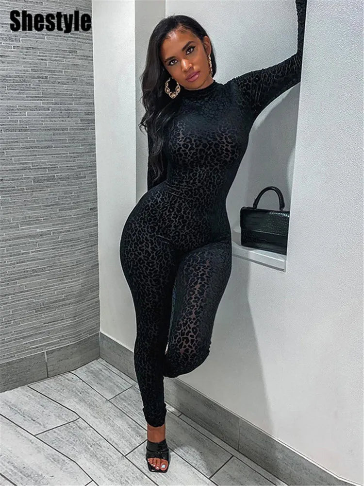 Shestyle Leopard Transparent Jumpsuits Women Skinny Back Zip Mock Neck Black Sexy 2021 Hot Animal Print Slim Clubwear Fitness