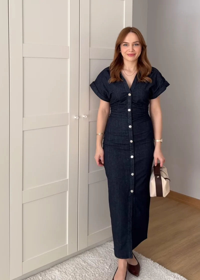 ETJ 2025 Spring New 1975 series denim MIDI dress with lapel side zipper fashion wrinkle waist slim elegant dress
