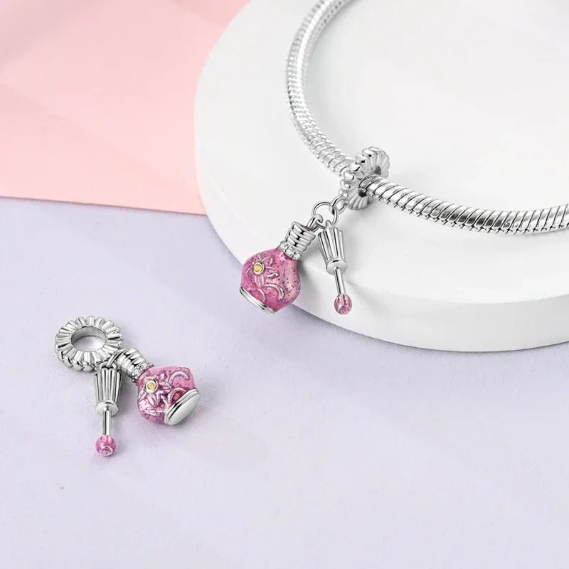 Fit Original 925 Sterling Silver Charms Beads Bow Perfume Bottle Pink Charms for Women Fine DIY Birthday Jewelry Gifts