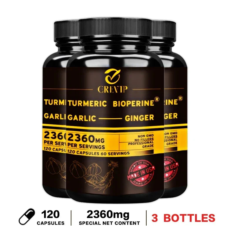 4-in-1 Turmeric Ginger Supplement - with Garlic Curcumin Black Pepper - Joints, Immune Support, Improves Digestion