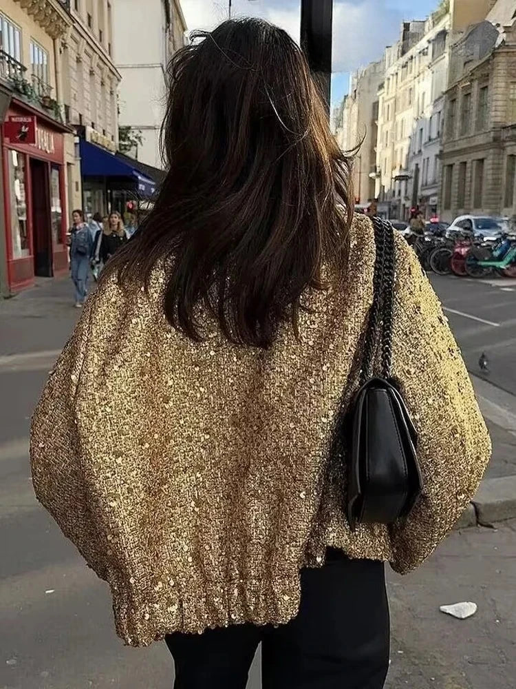 Suninheart Women's Sequined Bomber Jacket Fall O Neck Long Sleeve Pocket Stretch Hem Sequins Jacket Coat Female Chic Outerwear