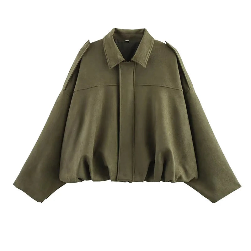 RAFZNB Women's Bomber Jackets Coats Fashion Turn-down Collar Long Sleeve Loose Coats Vintage Female Outerwear Chic Tops
