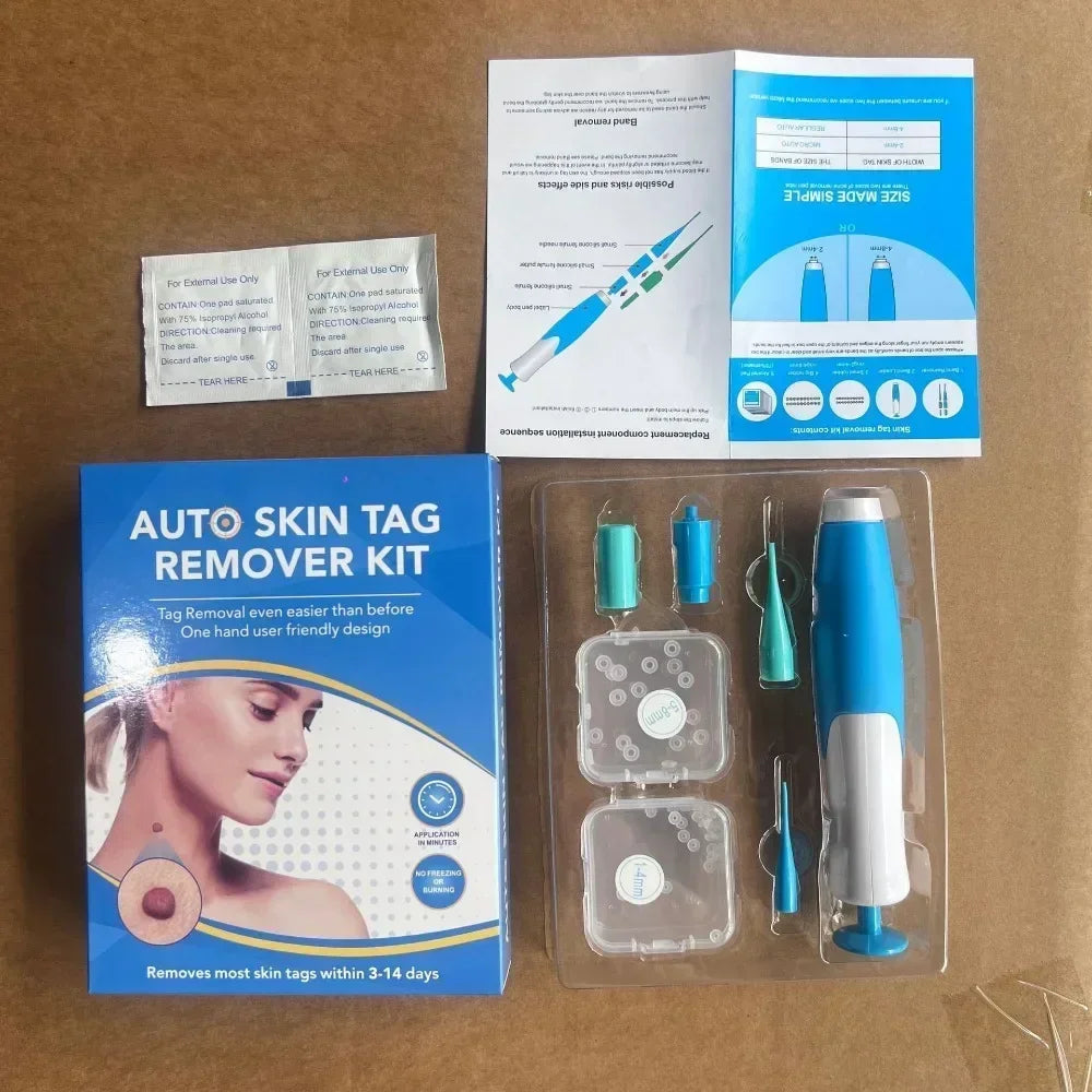 2-IN-1 Auto Skin Tag Removal Tool Kit Painless Skin Label Mole Acne Wart Removal Pen with Cleansing Swabs Facial Skin Care Tool