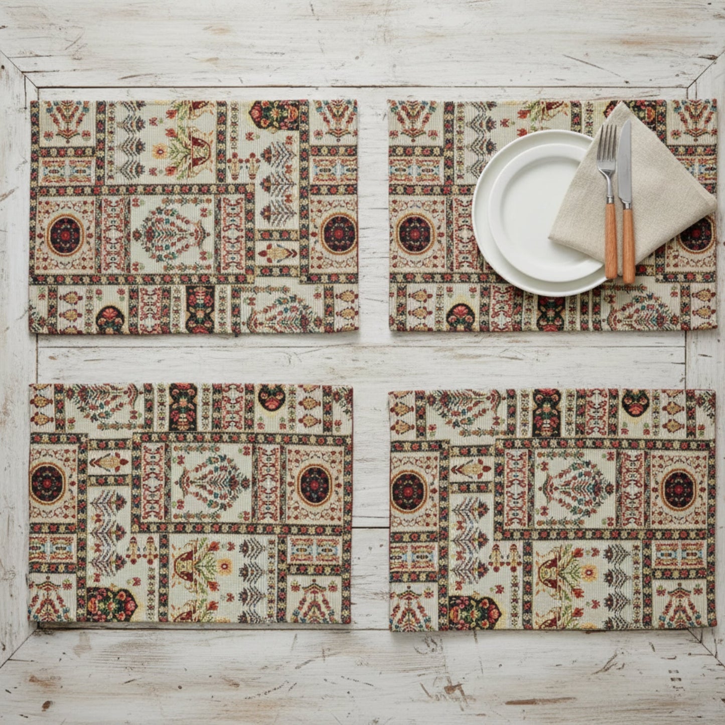 DaDalogy Bedding Set of 4-Pieces Light White Mughal Floral Botanical Cottage Fleur Tapestry Placemats 13” x 19” (18196)