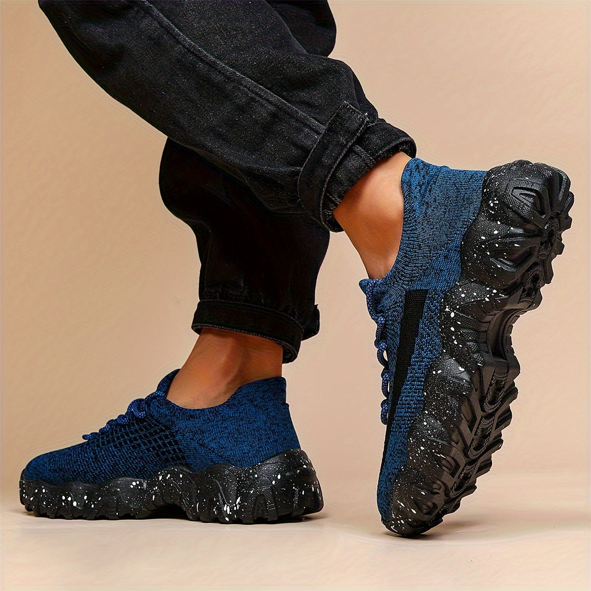 Men's Breathable Casual Sports Shoes - Low-Top Sneakers with Striped Design, Navy Blue Mesh & Speckled Traction Rubber Sole for All-Season Comfort, Gym, Walking, Daily Wear, Gym Footwear, Sleek Shoe Design, Comfortable Fabric