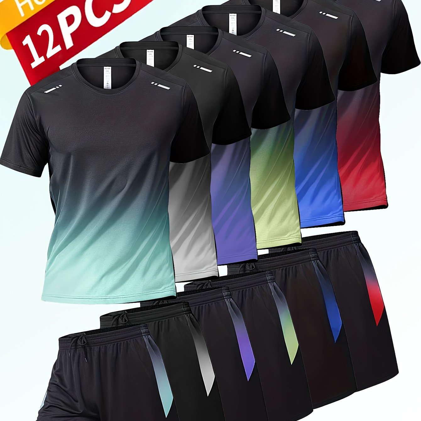 12pcs Men's Gradient Short Sleeved Shorts Set, Gifts, Halloween Gifts, Christmas Gifts, Summer Casual Sports Quick Drying Set, Suitable for Basketball, Running, Fitness And Outdoor Activities, Suitable for Multiple Scenarios