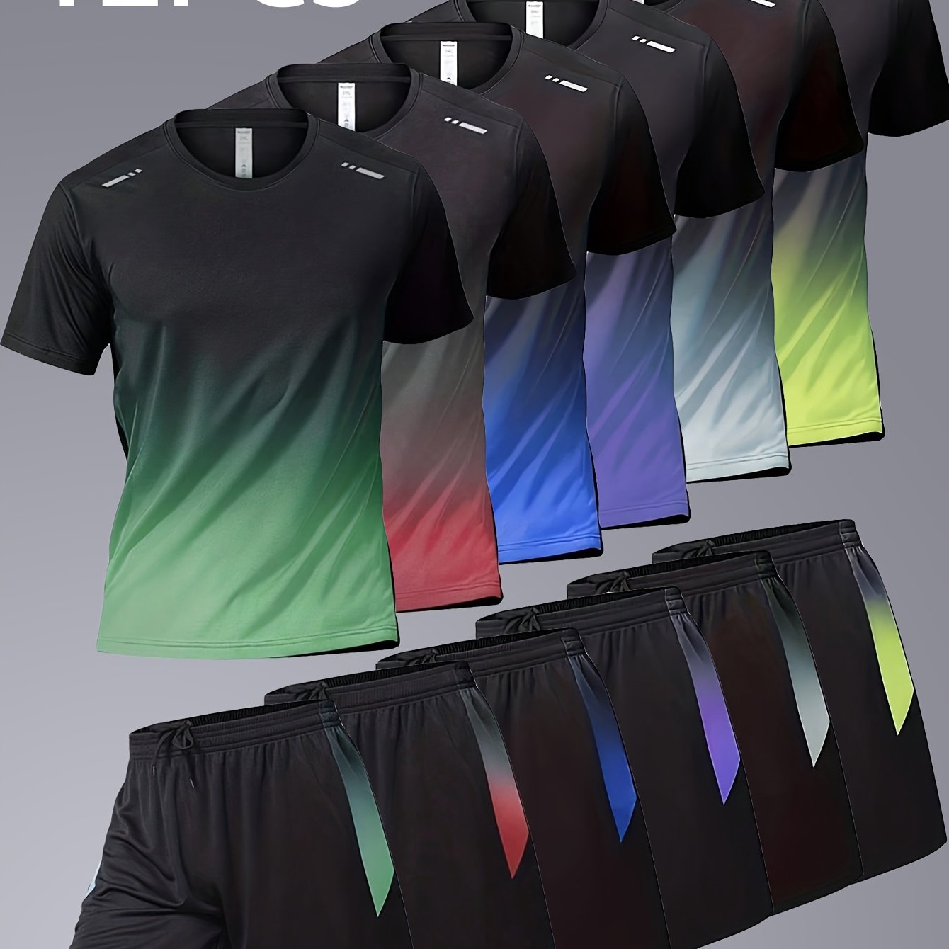 12pcs Men's Gradient Short Sleeved Shorts Set, Gifts, Halloween Gifts, Christmas Gifts, Summer Casual Sports Quick Drying Set, Suitable for Basketball, Running, Fitness And Outdoor Activities, Suitable for Multiple Scenarios