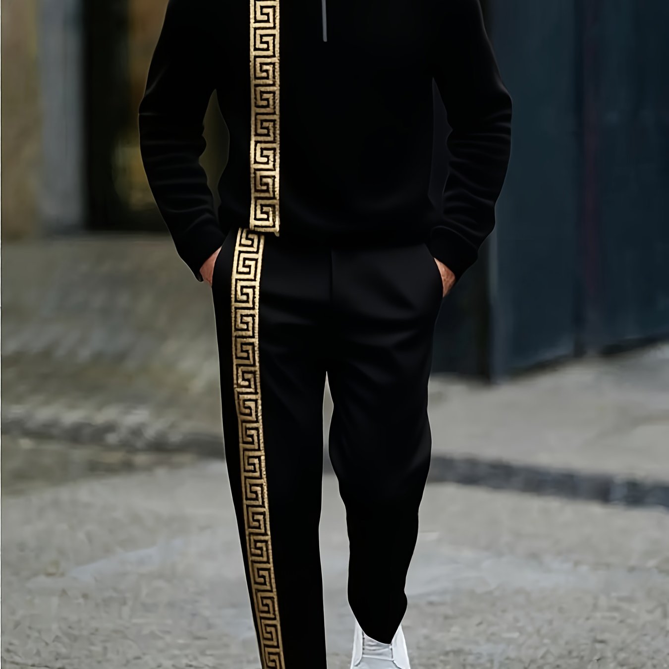 Two Piece Men's Casual Black And Golden Sports Suit | Rugged Contrasting Stripes | Semi Open Neck Top | High-quality Polyester Fabric, Wrinkle Resistant And Easy to Care for | Suitable for Fitness And Outdoor Leisure Styles