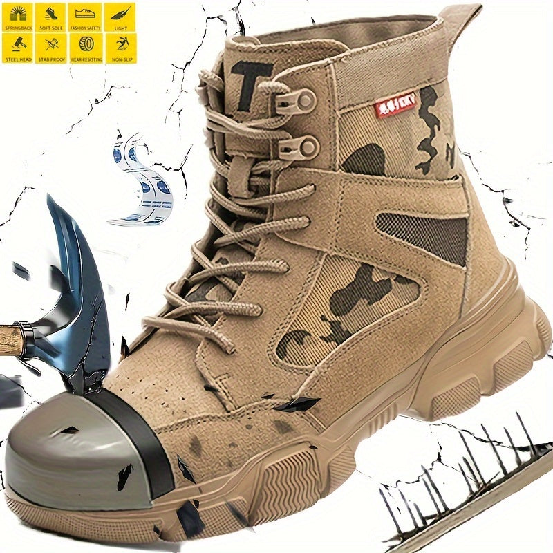 Men's Heavy-Duty Anti-Puncture Safety Work Boots - Slip-Resistant, Industrial Shoes with Steel Toe Cap, Lace-Up Closure, Non-Puncture Outsole - for Construction, Manufacturing, Warehouse - Black, Shoes for Work, Construction