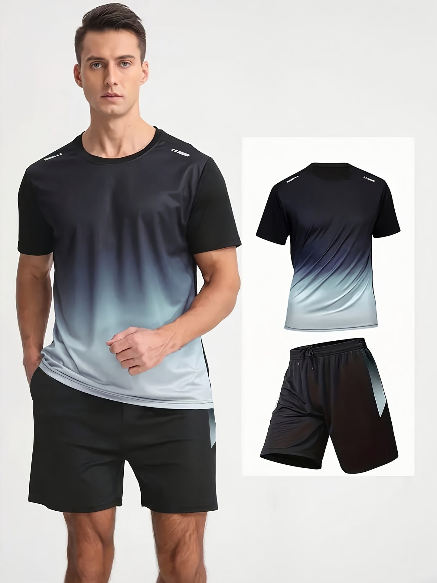 12pcs Men's Gradient Short Sleeved Shorts Set, Gifts, Halloween Gifts, Christmas Gifts, Summer Casual Sports Quick Drying Set, Suitable for Basketball, Running, Fitness And Outdoor Activities, Suitable for Multiple Scenarios