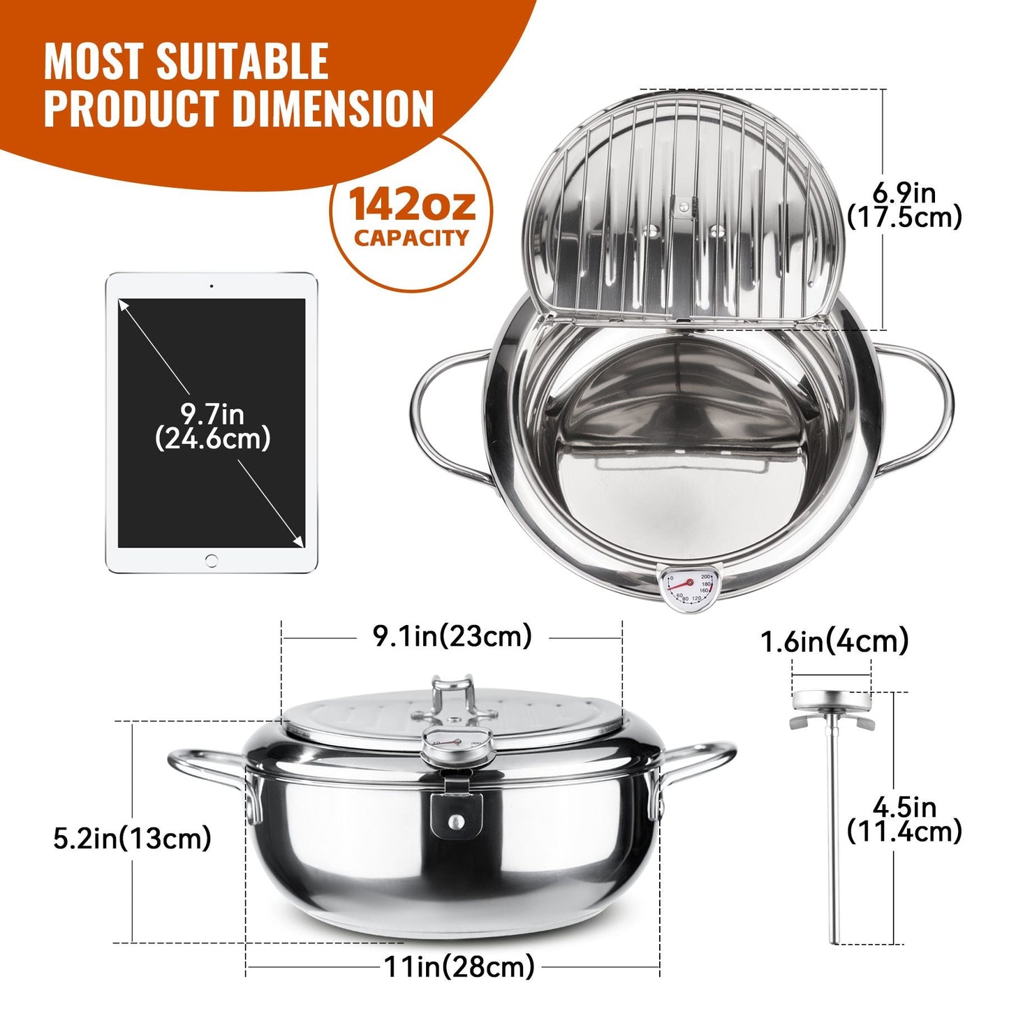 Silver Stainless Steel Deep Fryer with Built-in Dial Thermometer-9.5 inch