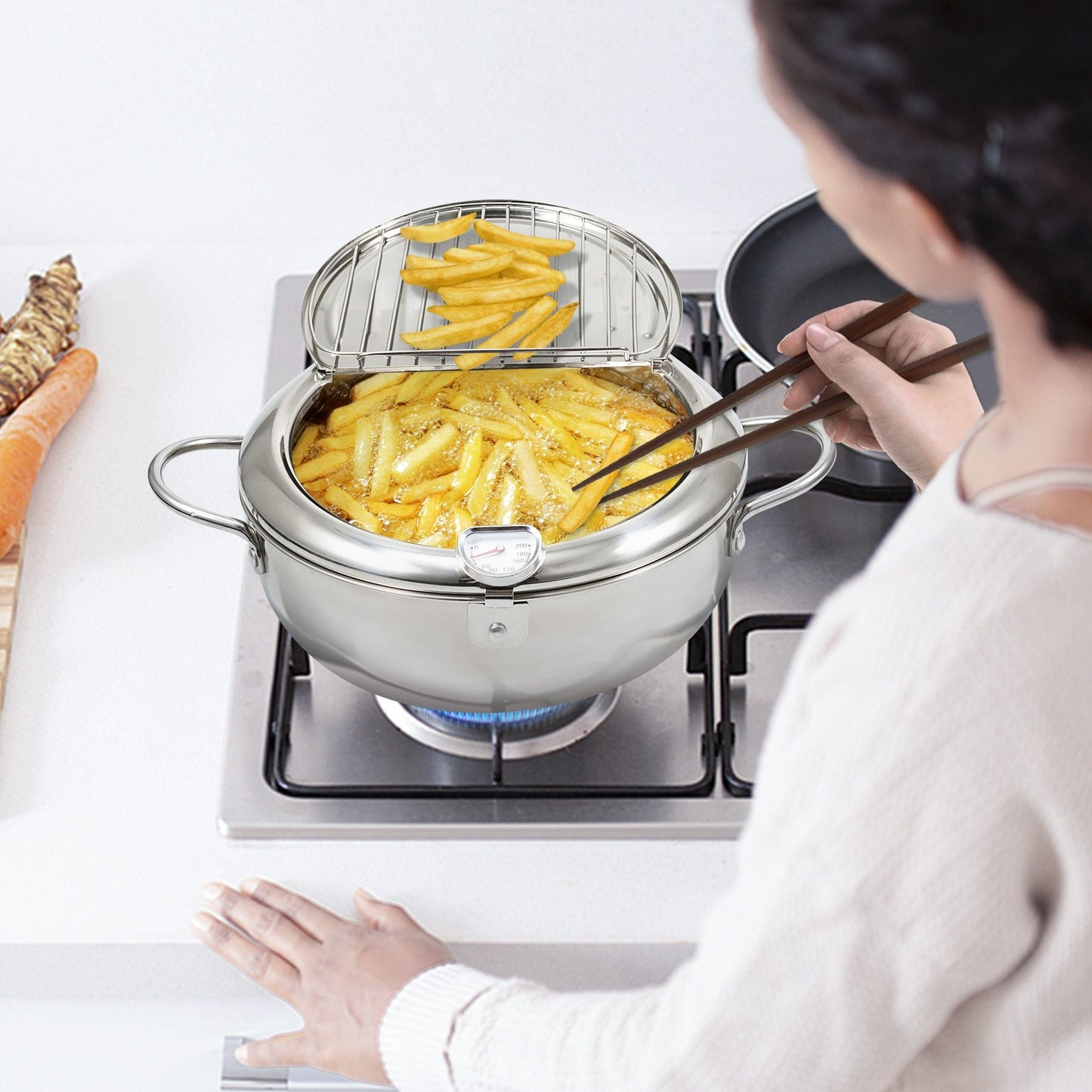 Silver Stainless Steel Deep Fryer with Built-in Dial Thermometer-9.5 inch
