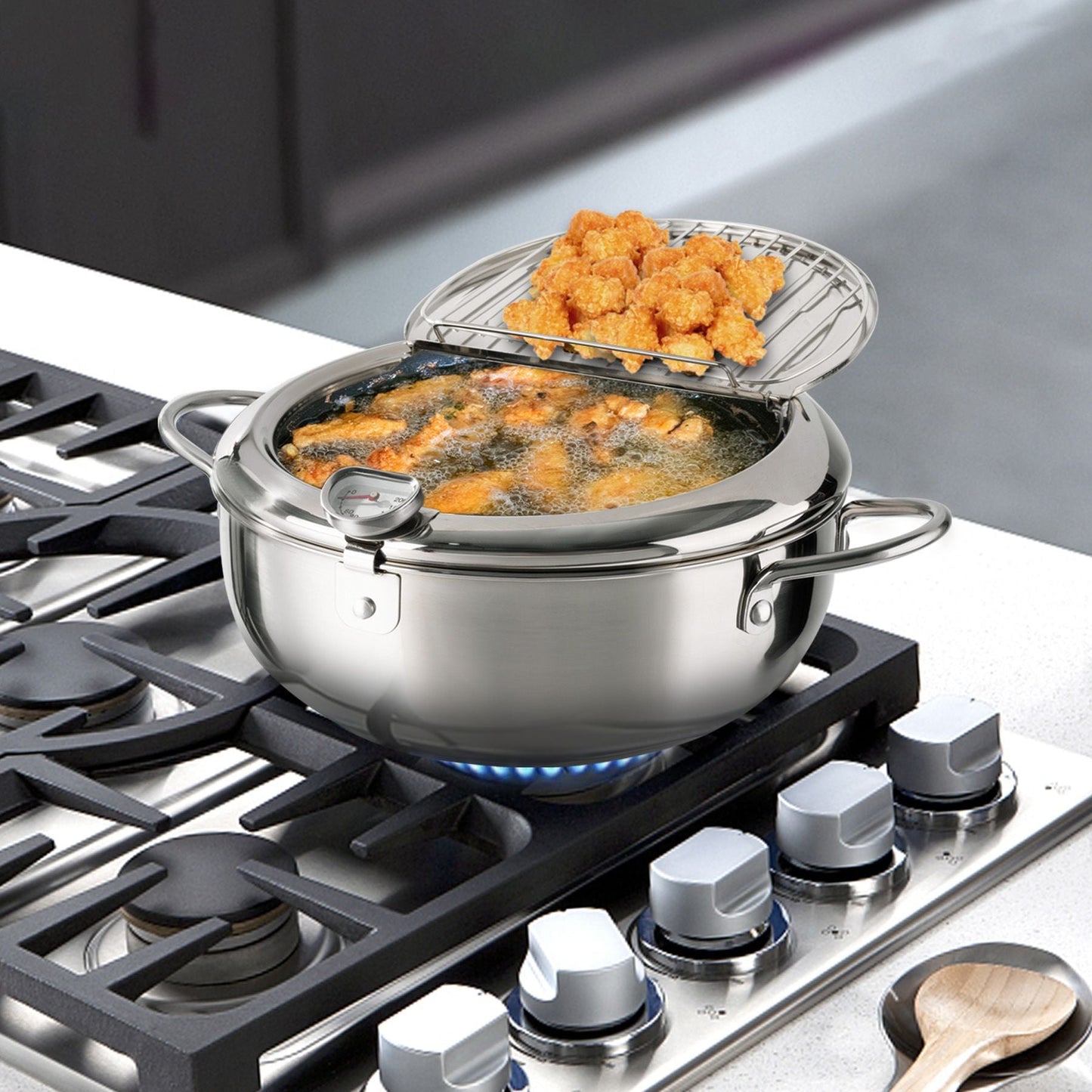 Silver Stainless Steel Deep Fryer with Built-in Dial Thermometer-9.5 inch