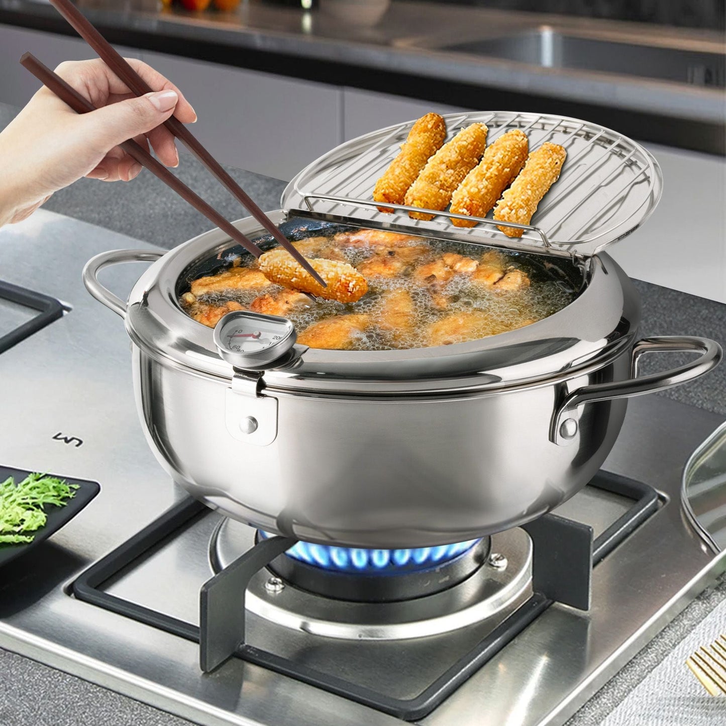 Silver Stainless Steel Deep Fryer with Built-in Dial Thermometer-9.5 inch