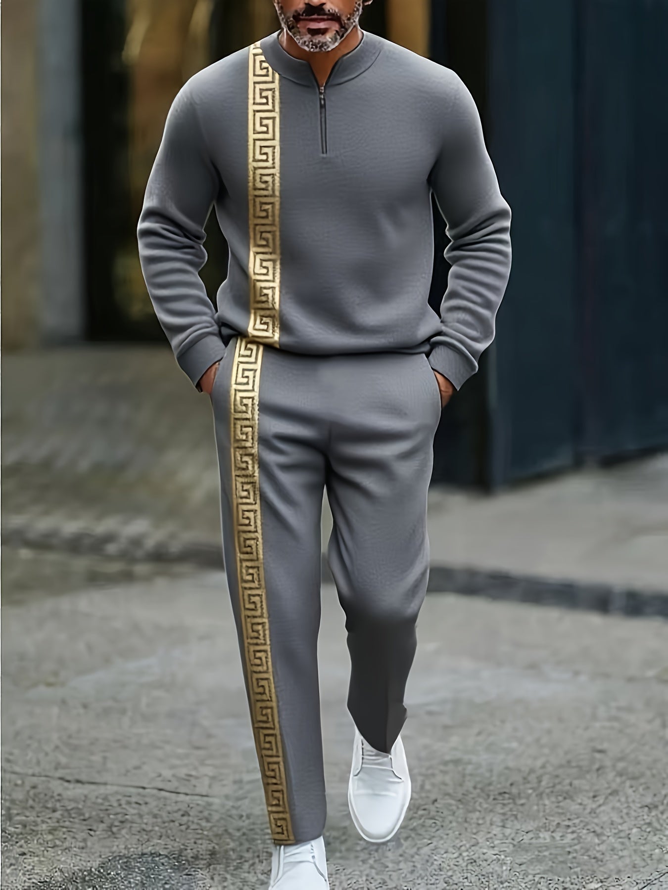 Two Piece Men's Casual Black And Golden Sports Suit | Rugged Contrasting Stripes | Semi Open Neck Top | High-quality Polyester Fabric, Wrinkle Resistant And Easy to Care for | Suitable for Fitness And Outdoor Leisure Styles