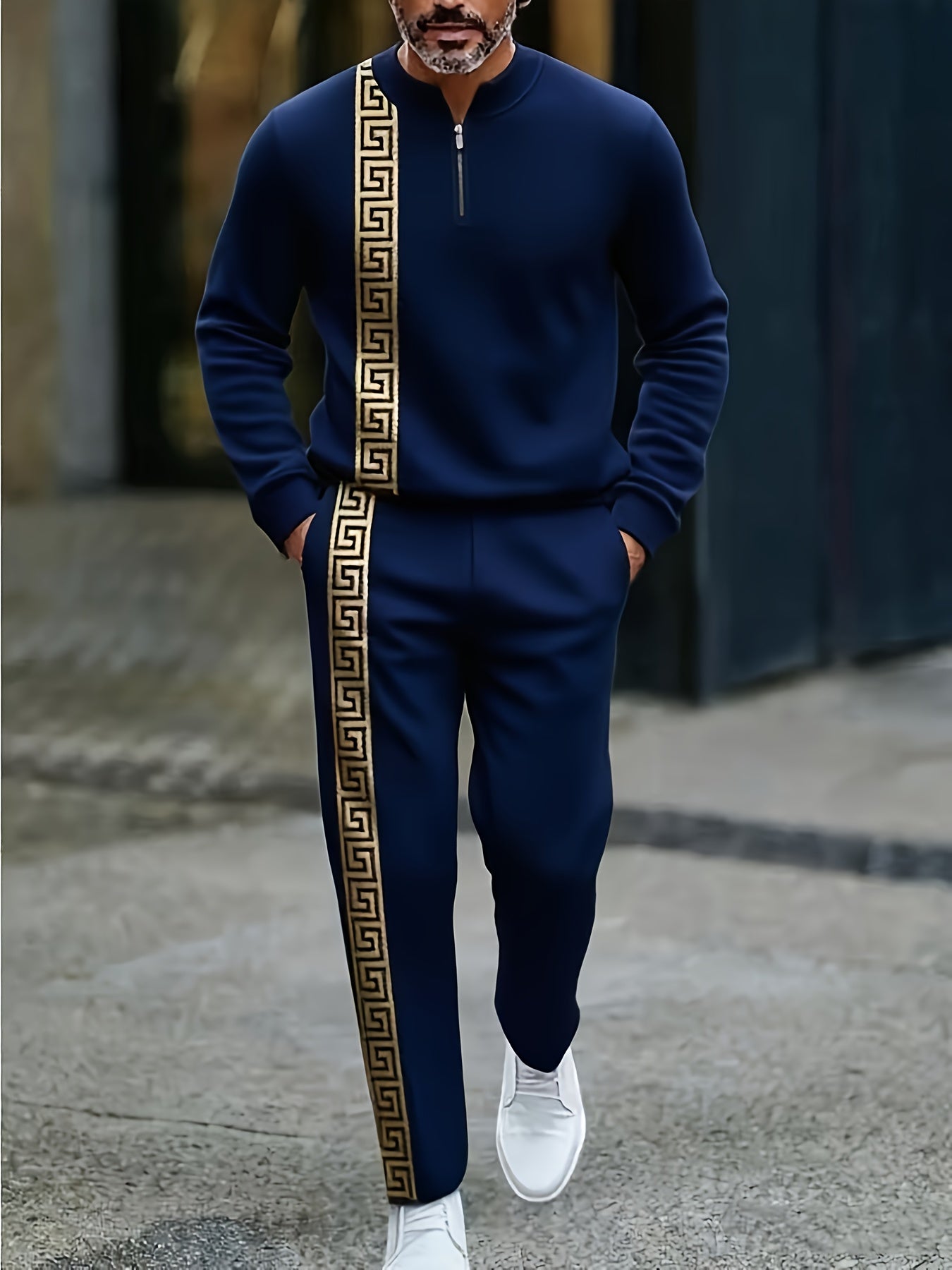Two Piece Men's Casual Black And Golden Sports Suit | Rugged Contrasting Stripes | Semi Open Neck Top | High-quality Polyester Fabric, Wrinkle Resistant And Easy to Care for | Suitable for Fitness And Outdoor Leisure Styles