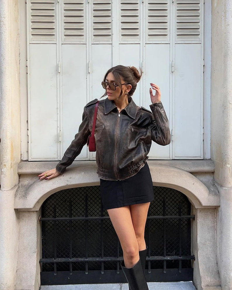 Vintage 90s Oversized Leather Bomber Jacket ,Distressed Black Real Leather Jacket, Parisian Street Style Women’s Outerwear.