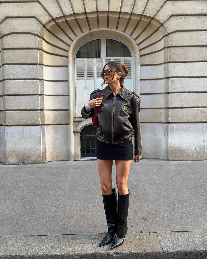 Vintage 90s Oversized Leather Bomber Jacket ,Distressed Black Real Leather Jacket, Parisian Street Style Women’s Outerwear.