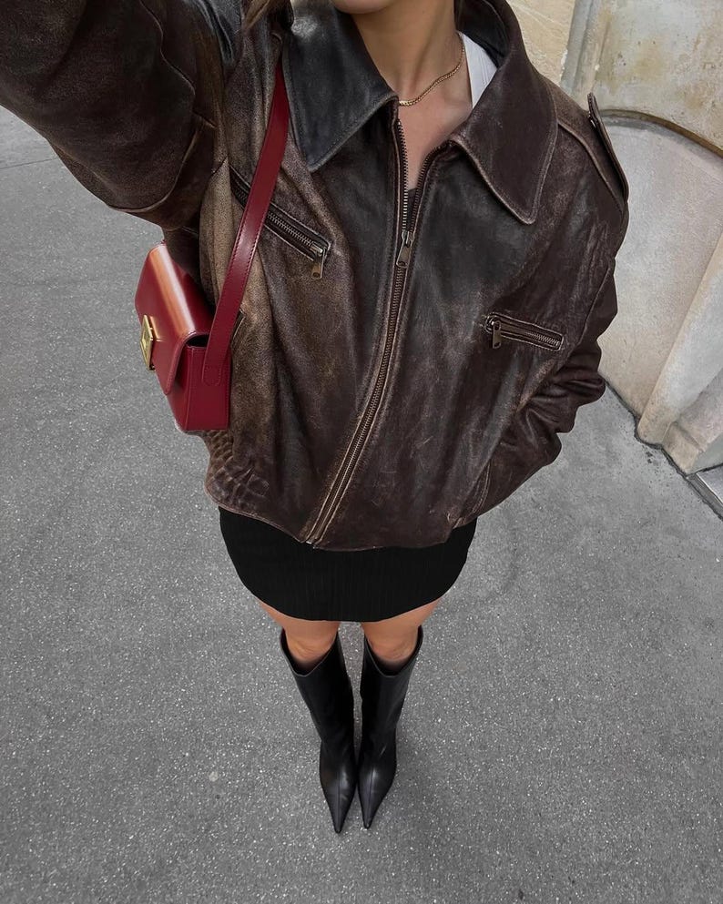 Vintage 90s Oversized Leather Bomber Jacket ,Distressed Black Real Leather Jacket, Parisian Street Style Women’s Outerwear.