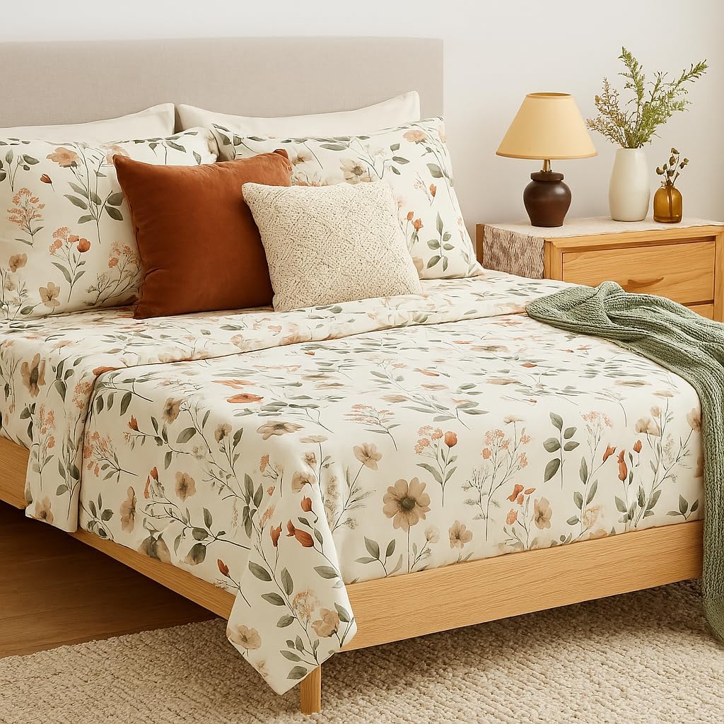 DaDalogy Enchanted Meadow Bed Sheet Set - Floral Harmony in Beige, Rose, and Soft Green, Premium Soft Microfiber, Machine Washable, Deep Pocket 14 - 15 Inches + Flat Sheet