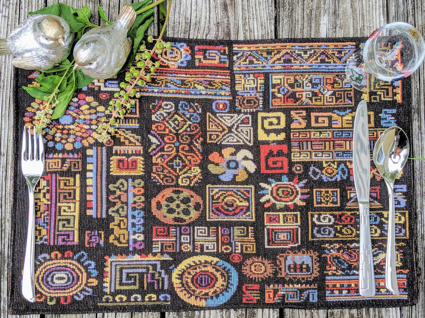 DaDa Bedding Set of 8 Pieces Ethnic Ornaments Table Woven Black Tapestry - 4 Placemats, 2 Table Runners, 2 Throw Pillow Covers (18118)