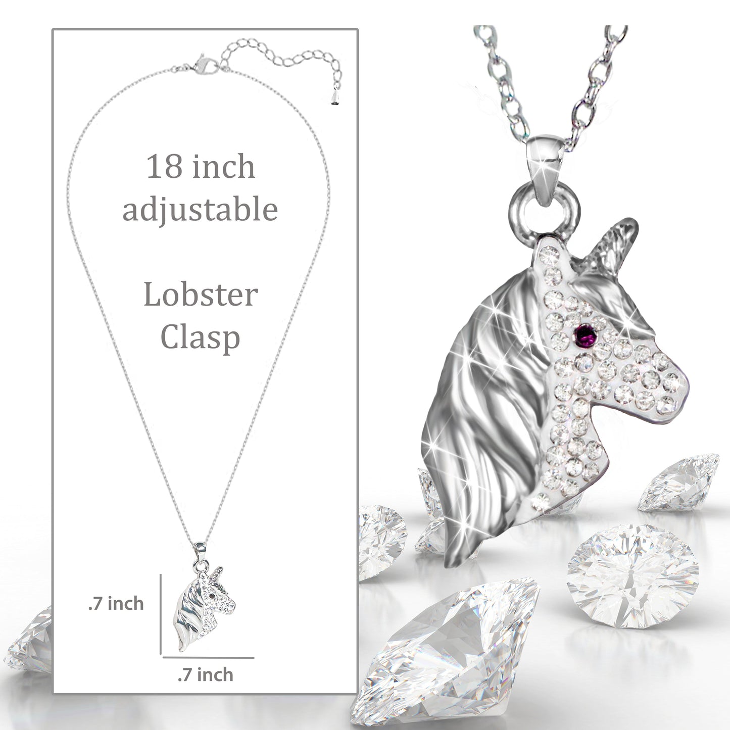Cubic Zirconia Silver Unicorn Necklace for Girls Crystal Pendant Jewelry with Gift Box, 18 inch