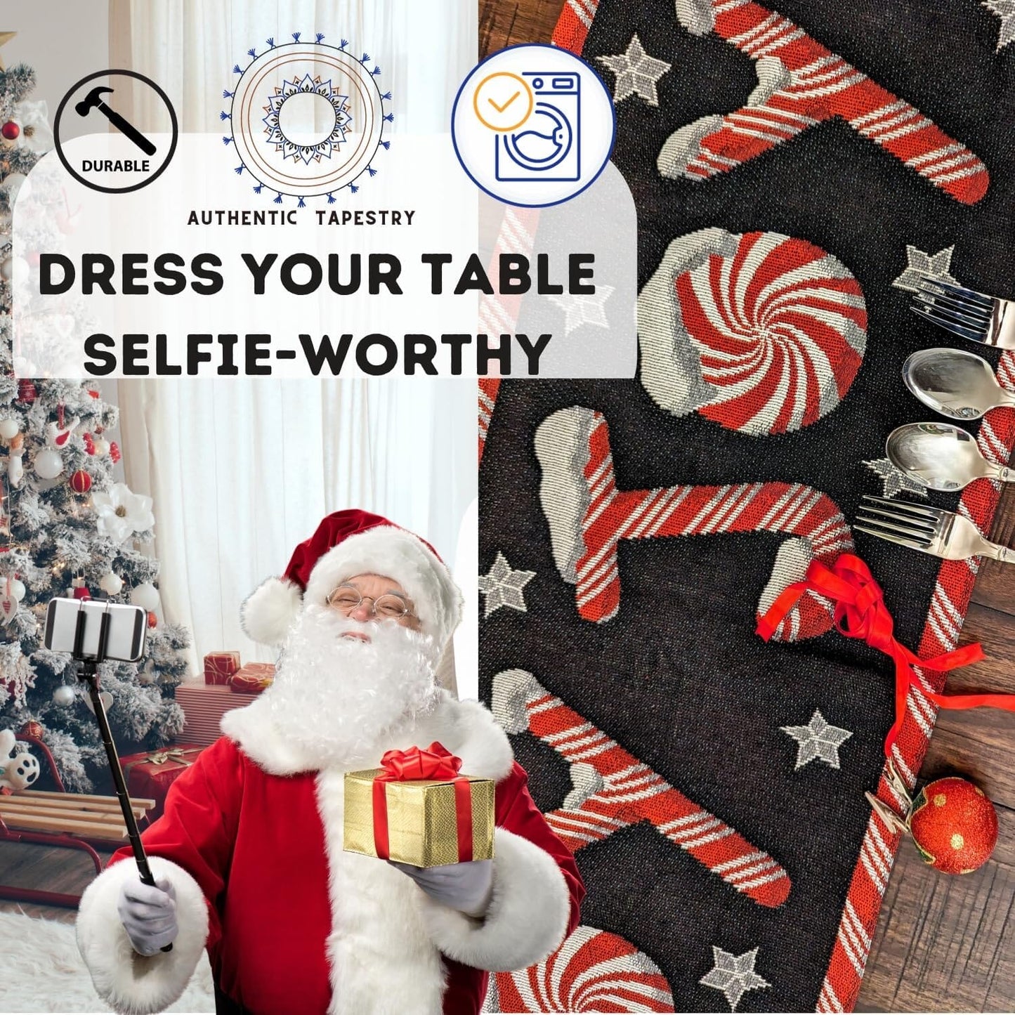 DaDa Bedding Peppermint Joy Red Black Holiday Tapestry Dining Table Runner (12904)