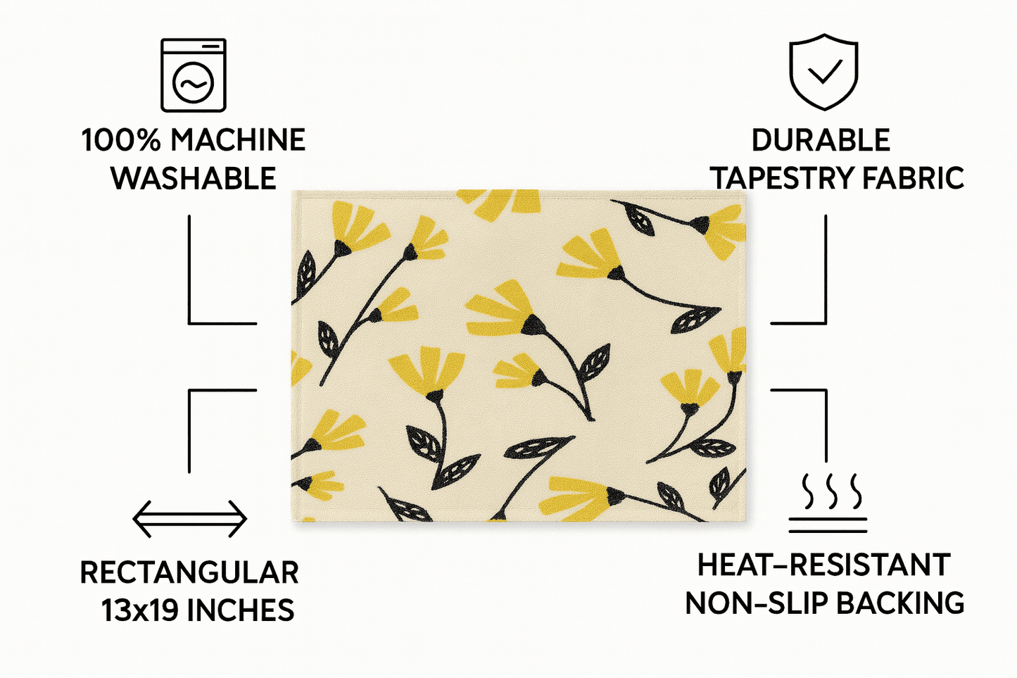 DaDa Bedding Set of 4-Pieces Sunshine Yellow Fleur Spring Tapestry Dining Table Placemats 13” x 19” (18112)