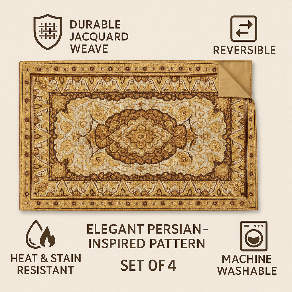 DaDa Bedding Set of 4-6 Pieces Royal Persian Style Rug Golden Brown Floral Tapestry Placemats 13” x 19” (18119)